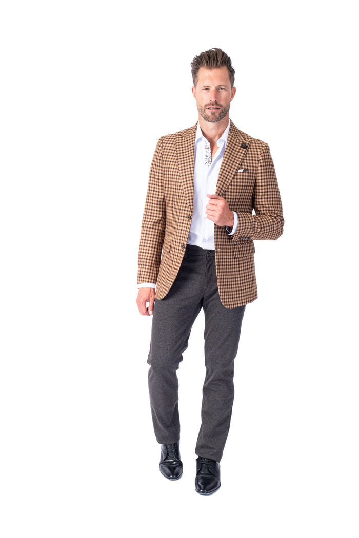 Mini Check Peak Lapel Blazer - Camel