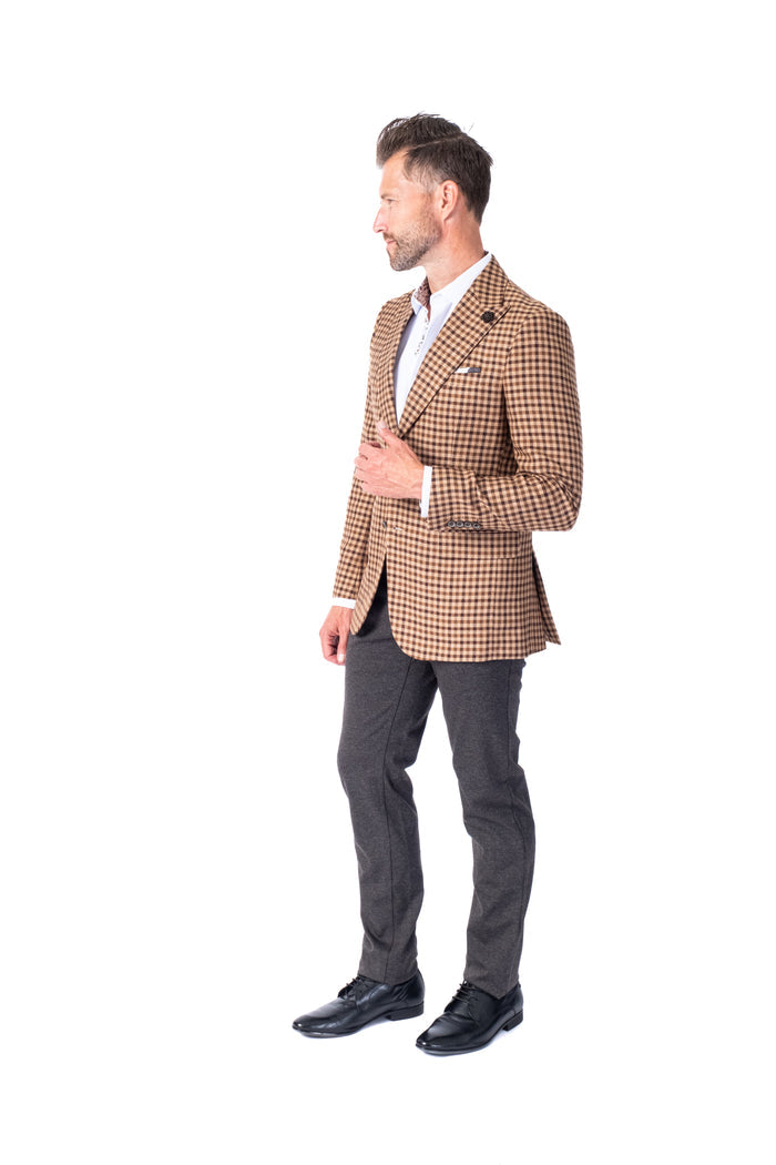 Mini Check Peak Lapel Blazer - Camel