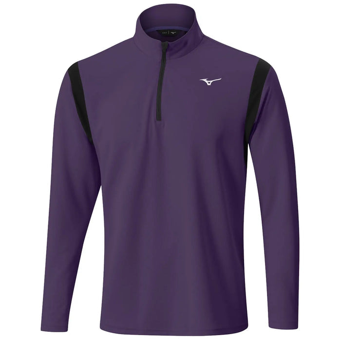 A purple long-sleeve sports shirt with a quarter zip is displayed against a plain background featuring black shoulder accents and a small logo on the chest.