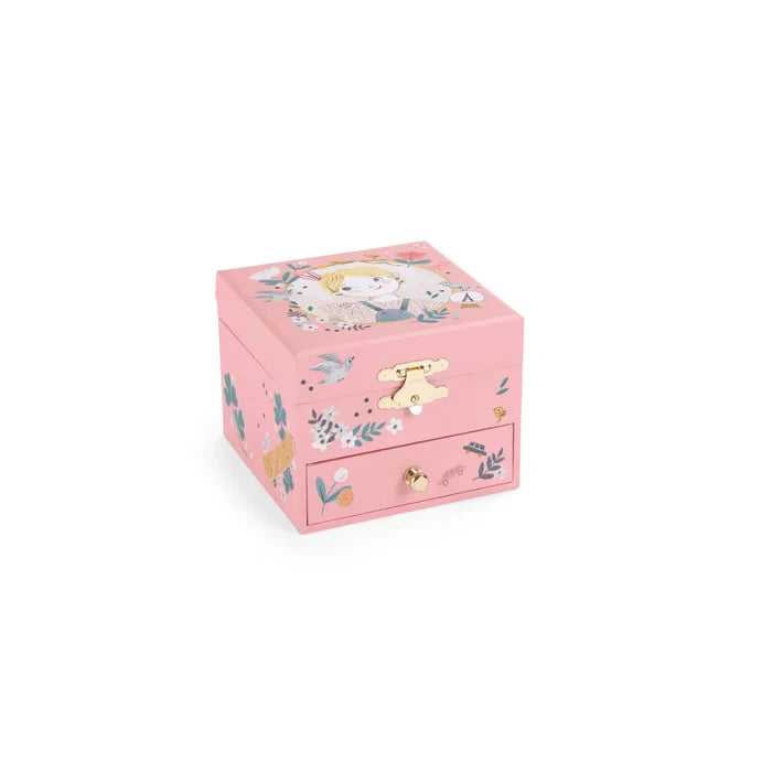 Pink jewelry box with floral and character design on a white background
