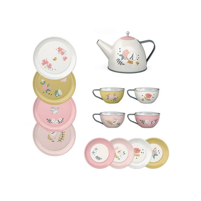 Children's tea set with floral designs on a white background