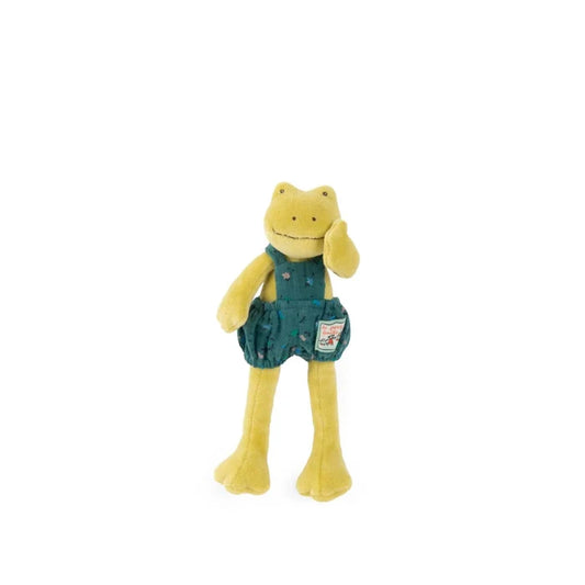 Plush toy frog wearing denim overalls on a white background