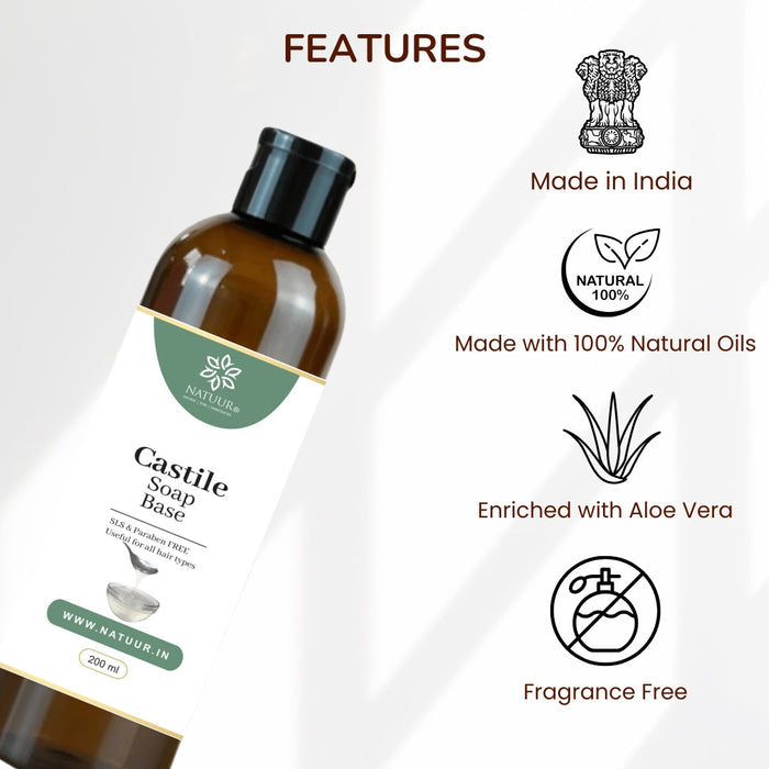 Natuur.in pure castile soap base in a 200ml amber bottle, enriched with aloe vera and made with 100% natural oils.