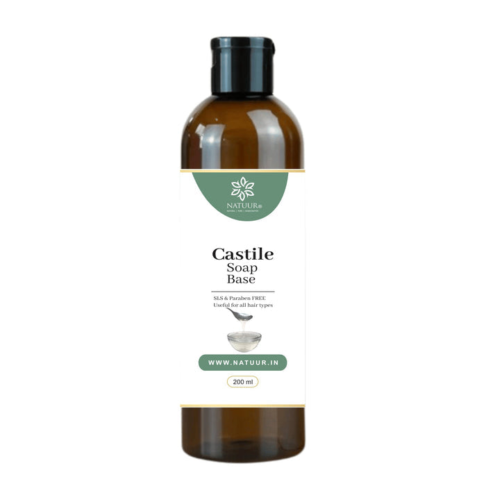 Natuur.in pure castile soap base in a 200ml amber plastic bottle, gentle olive oil formula for all hair types.