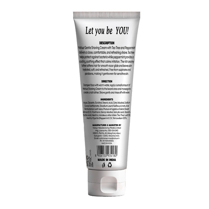 Natuur.in EDGE gentle shaving cream tube featuring tea tree, peppermint, and aloe vera ingredients list