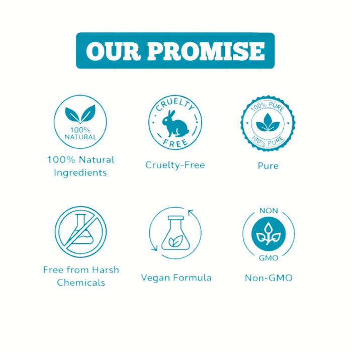 Natuur.in product promise icons showing natural, cruelty-free, pure, chemical-free, vegan, and non-GMO certifications.