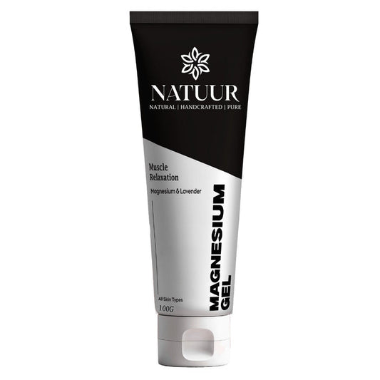 Natuur.in Magnesium Muscle Relaxation Gel in a black and white 100g tube with lavender and aloe for pain relief.