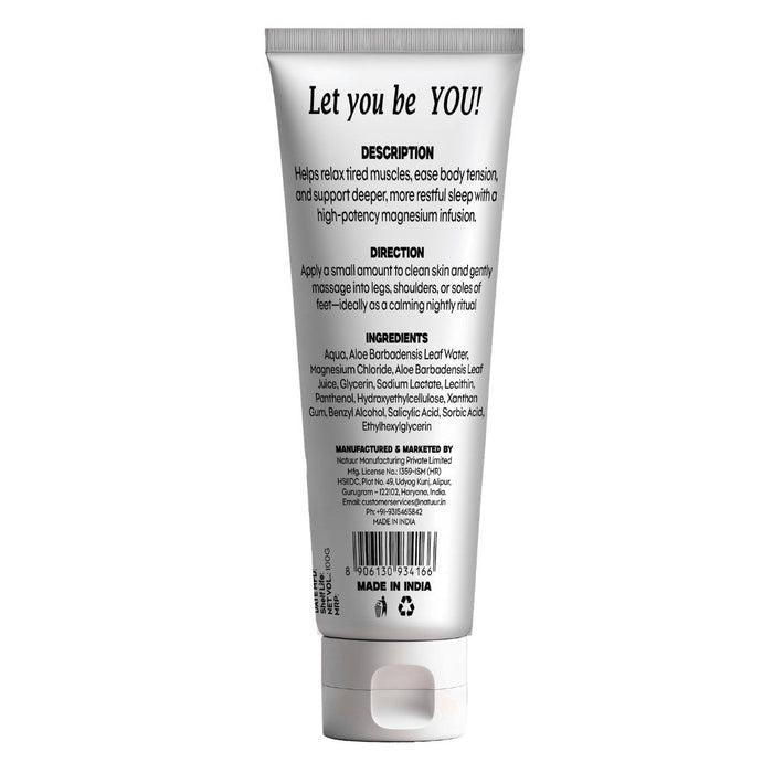 Back of Natuur.in Magnesium Muscle Relaxation Gel tube showing ingredients, directions, and product description.