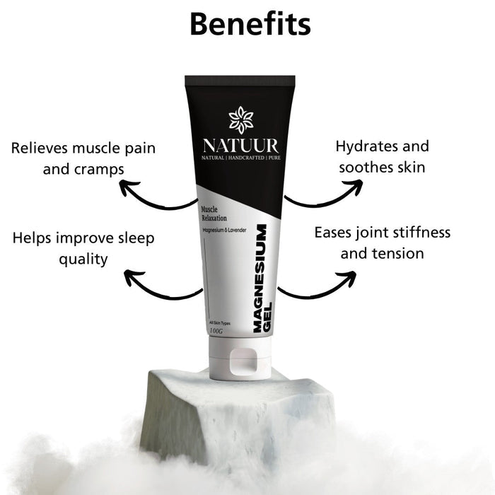 Natuur.in Magnesium Muscle Relaxation Gel tube on a stone pedestal with text highlighting its wellness benefits.