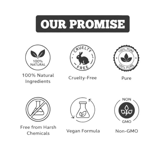 Natuur.in product promise icons showing 100% natural, cruelty-free, pure, chemical-free, vegan, and non-GMO labels.