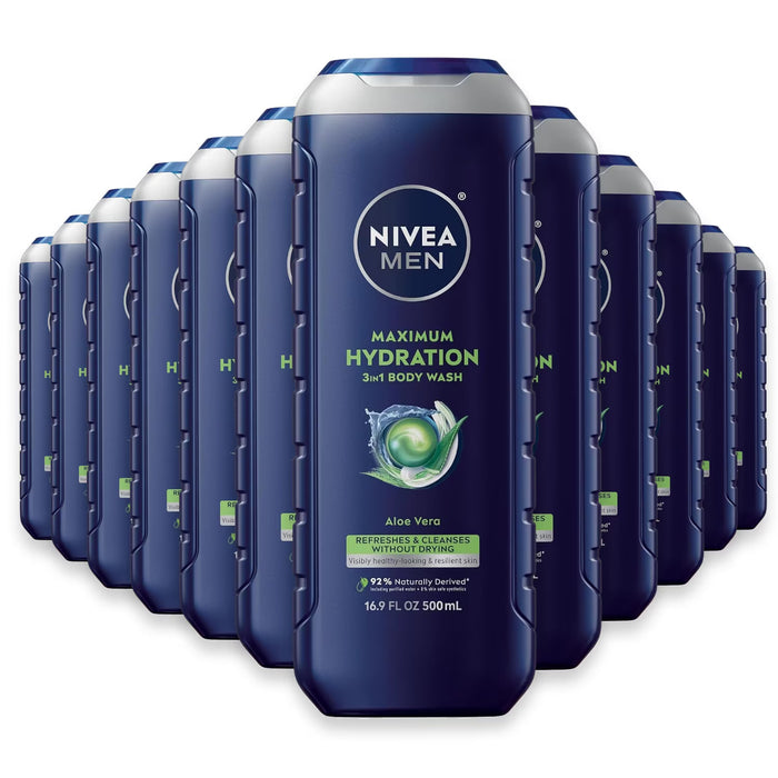 NIVEA MEN Maximum Hydration 3-in-1 Body Wash with Aloe Vera - 16.9 oz - 12 Pack