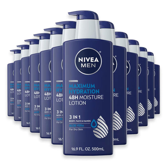 NIVEA MEN Maximum Hydration Lotion 3 in 1, Aloe Vera - 16.9 oz - 12 Pack