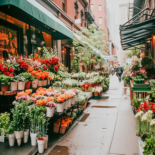 A vibrant street scene featuring a flower market with various flowers displayed in front of shops, and people walking on the street.
