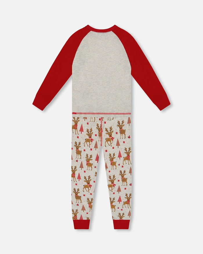 Organic Cotton Two-Piece Pajamas Beige Girly Reindeer Print-2