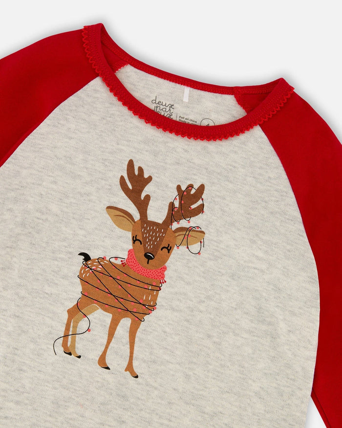 Organic Cotton Two-Piece Pajamas Beige Girly Reindeer Print-3