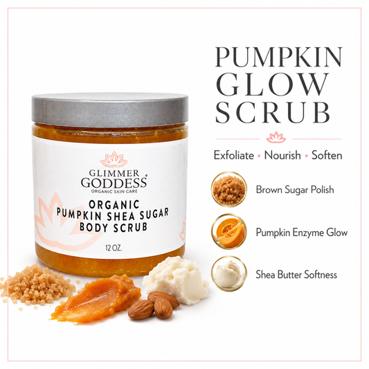 Glimmer Goddess Organic Pumpkin Shea Sugar Body Scrub jar on a white background with benefit callouts for brown sugar polish, pumpkin enzyme glow, and shea butter softness.