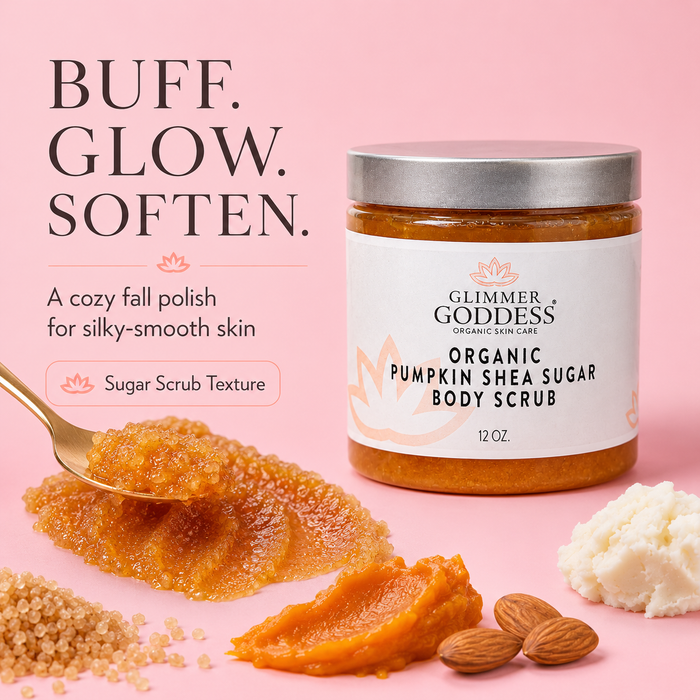A jar of Glimmer Goddess Organic Pumpkin Shea Sugar Body Scrub on a pink background, with a spoonful of thick orange scrub, loose sugar, almonds, and Shea butter nearby. Large text reads 'BUFF.