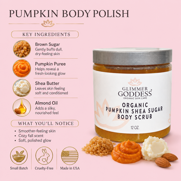 Glimmer Goddess Organic Pumpkin Shea Sugar Body Scrub jar on a cotton candy pink background with ingredient callouts, benefits, and trust symbols.