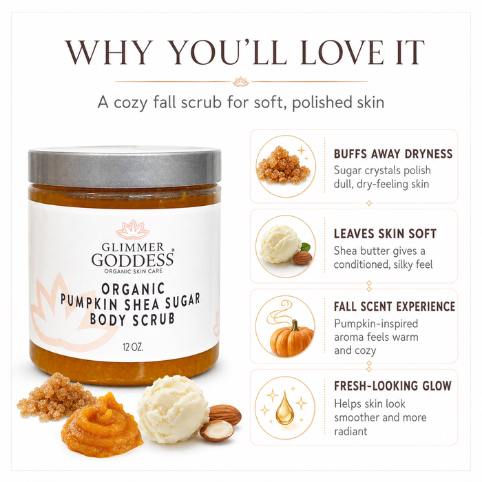 Glimmer Goddess Organic Pumpkin Shea Sugar Body Scrub jar on a white background with key benefit callouts for polishing dry skin, softness, cozy fall scent, and fresh-looking glow.