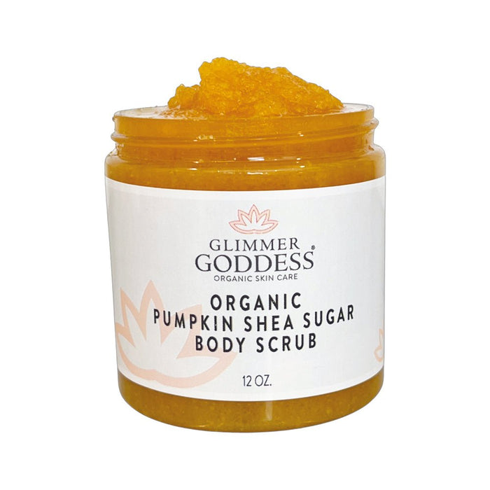 Organic pumpkin shea sugar body scrub in clear jar with orange scrub visible, 12 oz