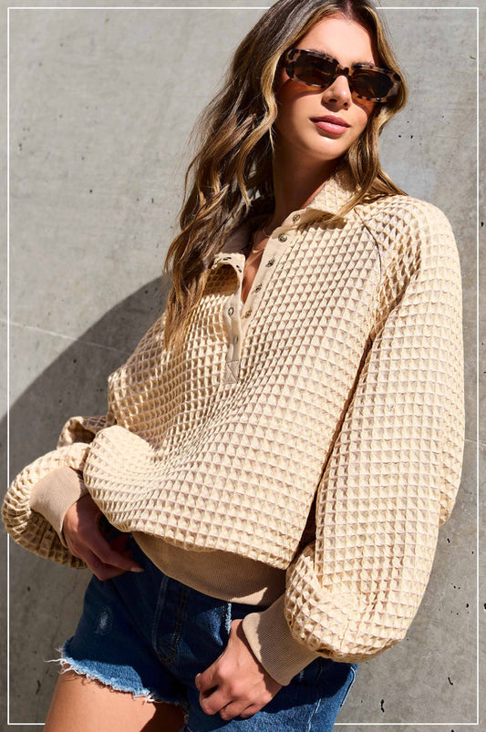 Oversized Two Tone Textured Long Sleeve Top