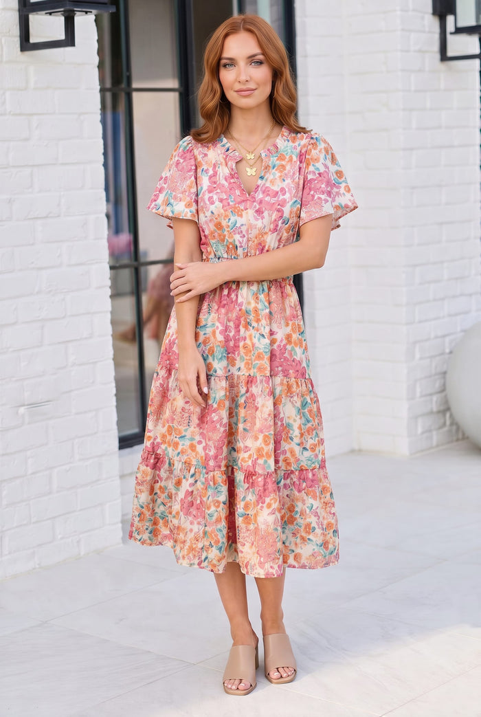 Paint and Sip Floral Tiered Midi Dress