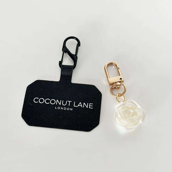 Pearl Flower Phone Keyring Bundle with black tag, metal clip, and white flower on a white background.