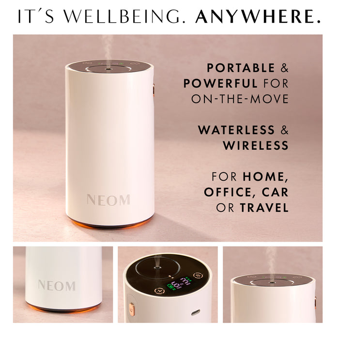 “It’s wellbeing. Anywhere" NEOM diffuser emitting mist. Text reads: Portable and powerful for on-the-move. Waterless and wireless. For home, office, car or travel.”