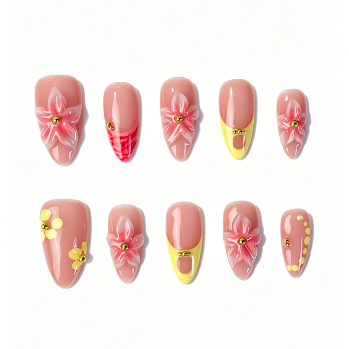 Medium Almond Press On Nails, Nude Pink Yellow 3D Floral Gold Bead Fake Nail Set