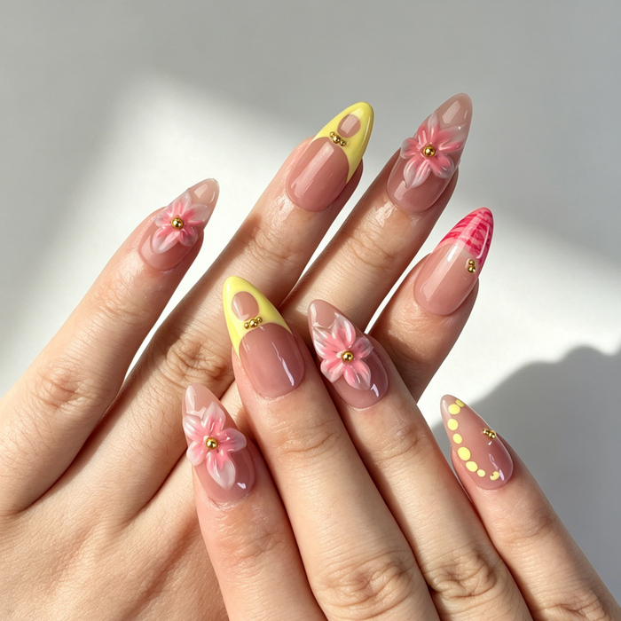 Soft Nude Floral Press On Nails, 3D Pink Flower Nails on Hand