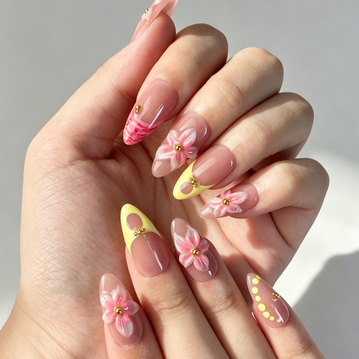 Close Up Nail Art, 3D Pink Yellow Flower Gold Bead Decor