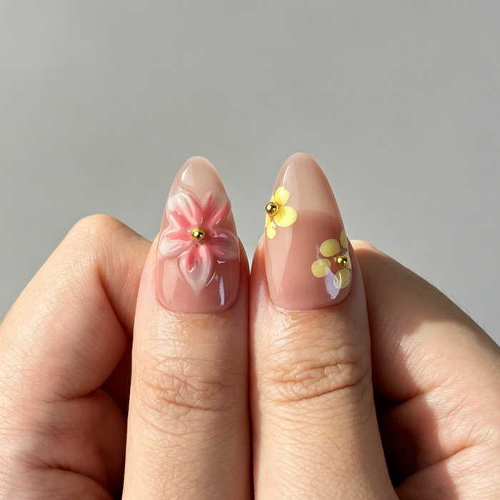 Sweet Spring Floral Press On Nails, Medium Almond Nude Fake Nails