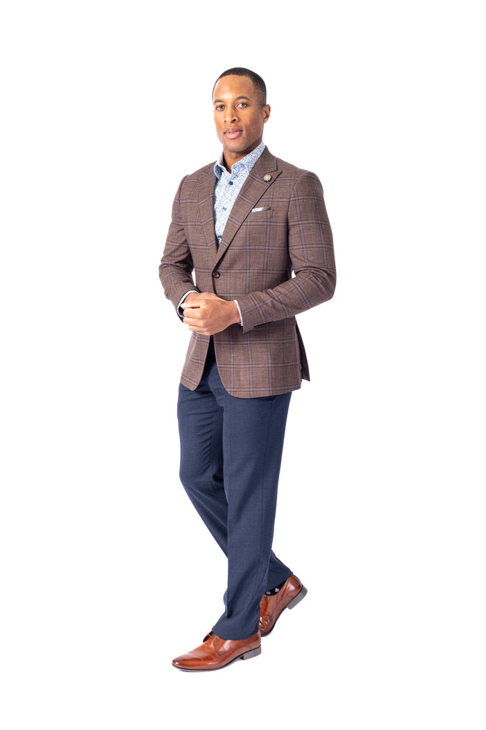 Plaid Peak Lapel Blazer - Brown