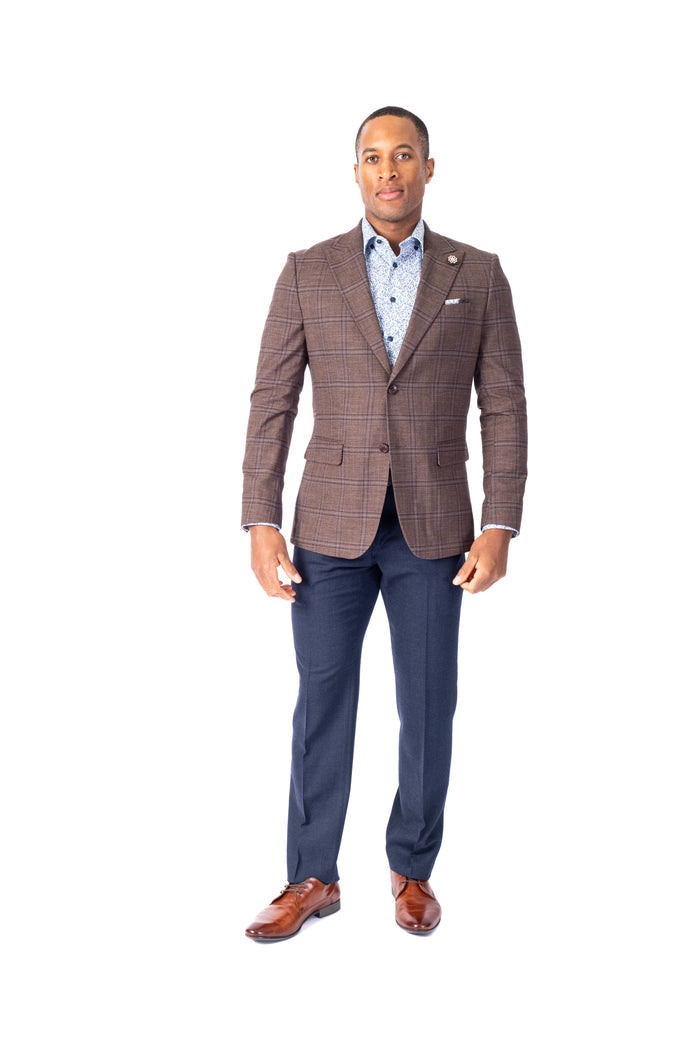 Plaid Peak Lapel Blazer - Brown
