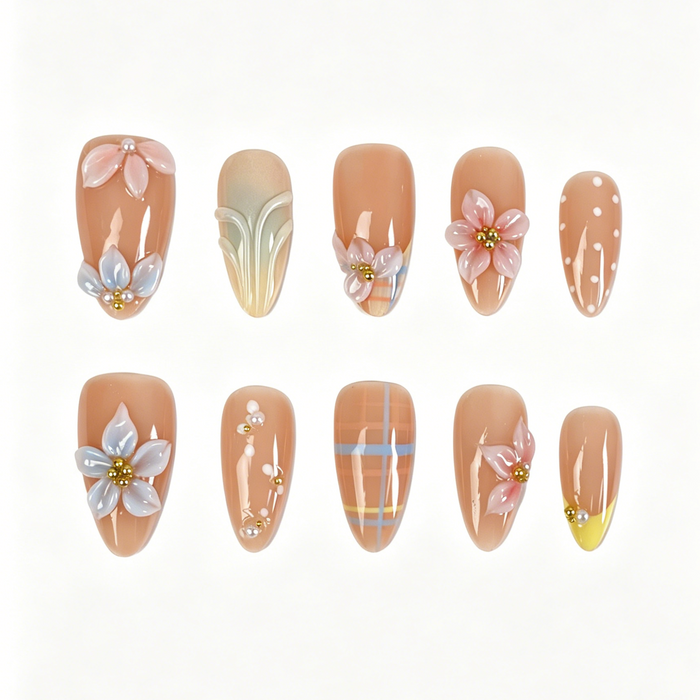 Medium Almond Press On Nails, Pastel 3D Floral Plaid Pearl Fake Nail Set