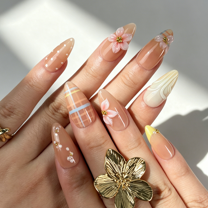 Soft Nude Floral Press On Nails, Pastel Plaid Flower Nails on Hand