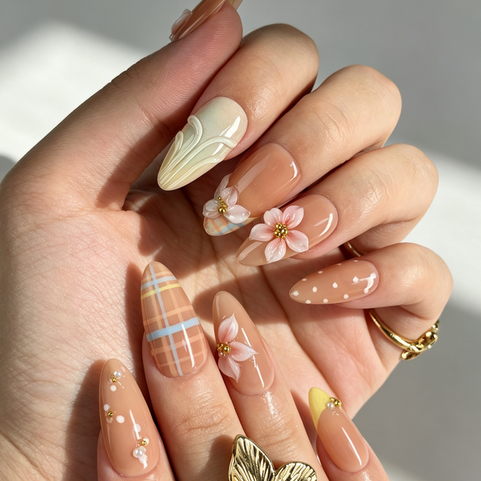 Close Up Nail Art, 3D Pink Blue Flower Pearl Plaid Decor