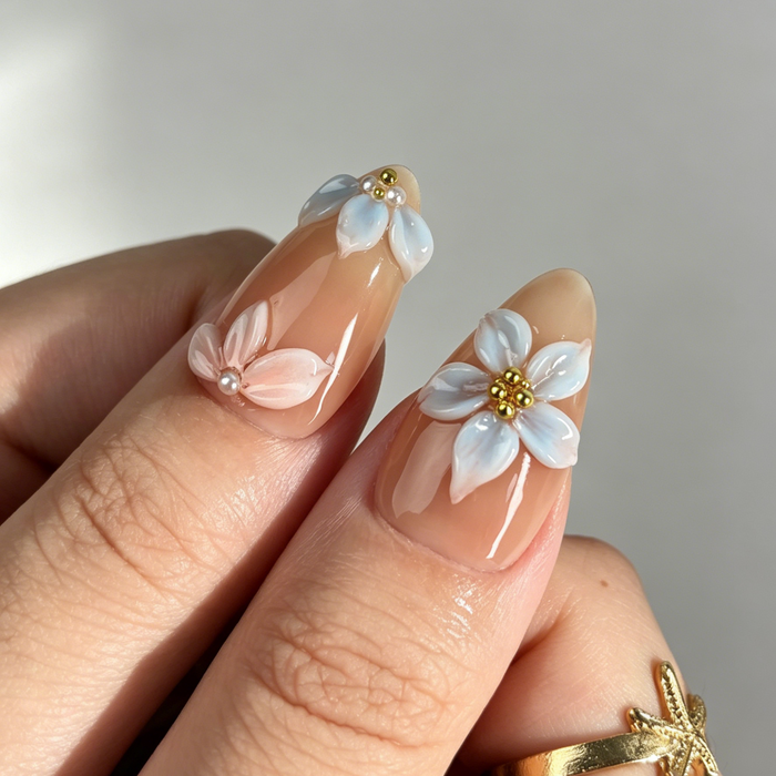 Sweet Spring Floral Press On Nails, Medium Almond Nude Fake Nails