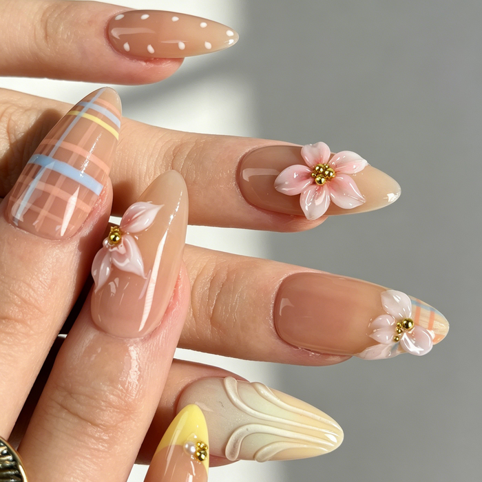 Glossy Medium Almond Spring Pastel False Nails With Sculpted Floral Decor