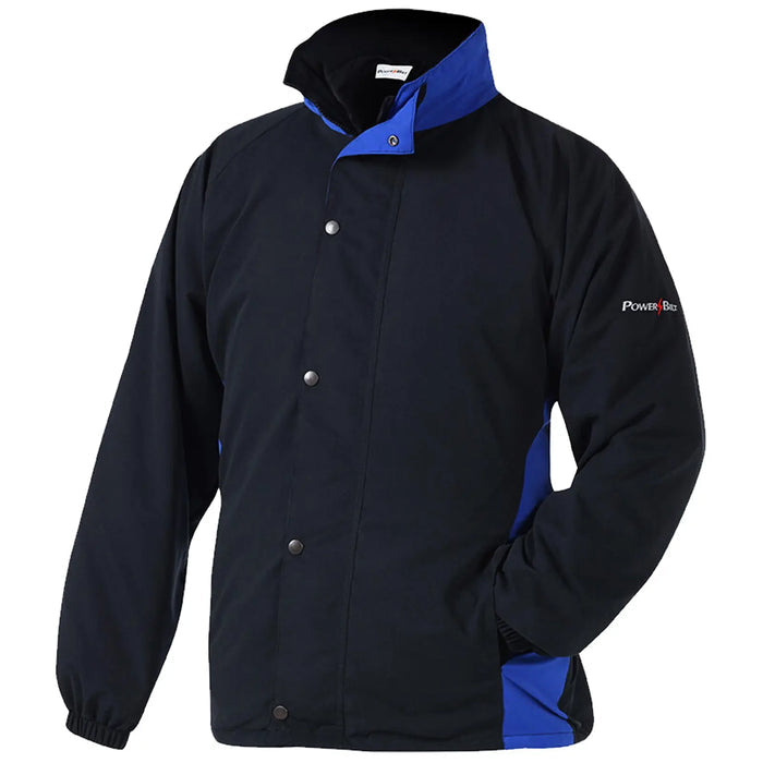 A black and blue jacket is displayed prominently with a stand-up collar and snap buttons The jacket is designed for warmth and functionality suitable for outdoor wear