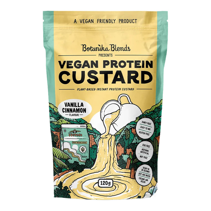 Packet of Vegan Protein Custard on a white background.