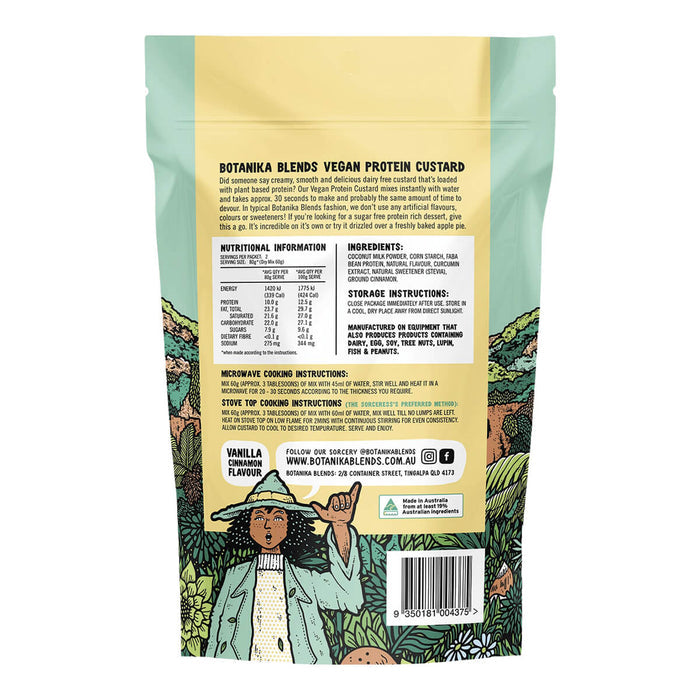 Back of Protein Custard packet showing ingredients and nutritional information with illustrations.