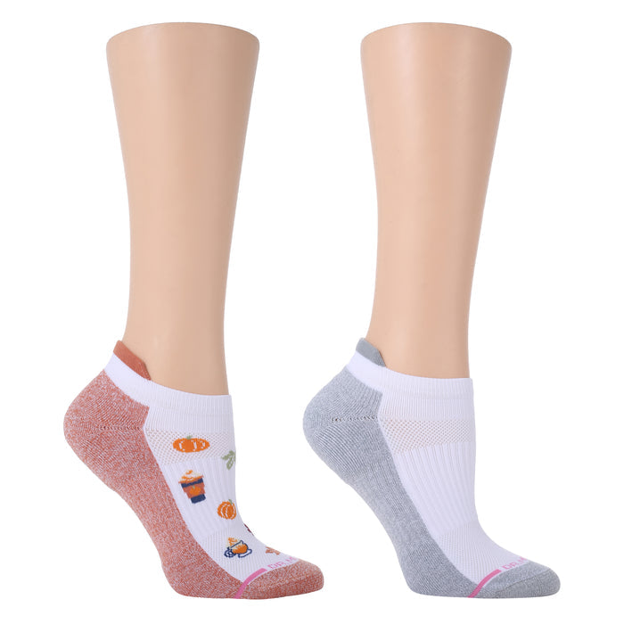 Ankle compression socks in orange and gray with seasonal designs, featuring pumpkins and drinks.
