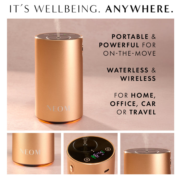 “It’s wellbeing. Anywhere" NEOM diffuser emitting mist. Text reads: Portable and powerful for on-the-move. Waterless and wireless. For home, office, car or travel.”