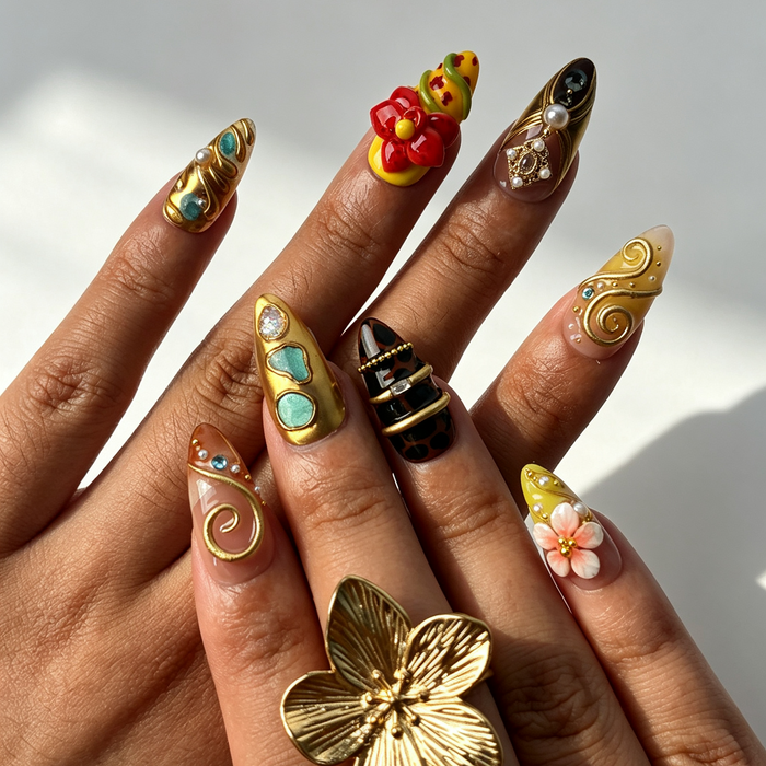 Retro Citrus leopard almond press on nails worn on hand, warm nude gradient tropical flower retro vacation nail art