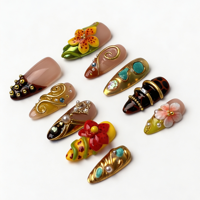 Retro Citrus vintage fake nail set, sheer nude warm base, leopard pattern, sculpted tropical floral and rhinestone embellishments