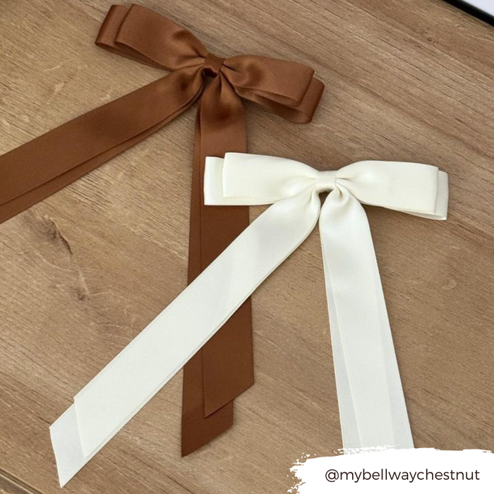 Pair of brown Coconut Lane ribbon bow hair clips on a wooden surface.