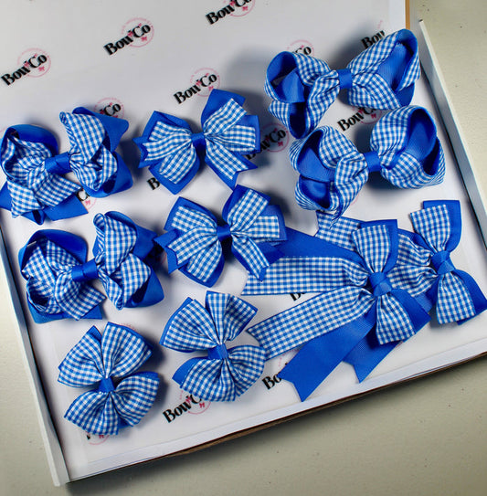 Royal Blue Gingham School Bow Bundle M/L - Clip - 10 Bows