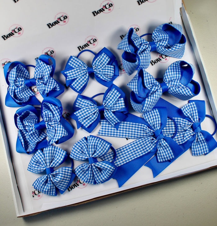 Royal Blue Gingham School Bow Bundle M/L - Elastic - 10 Bows