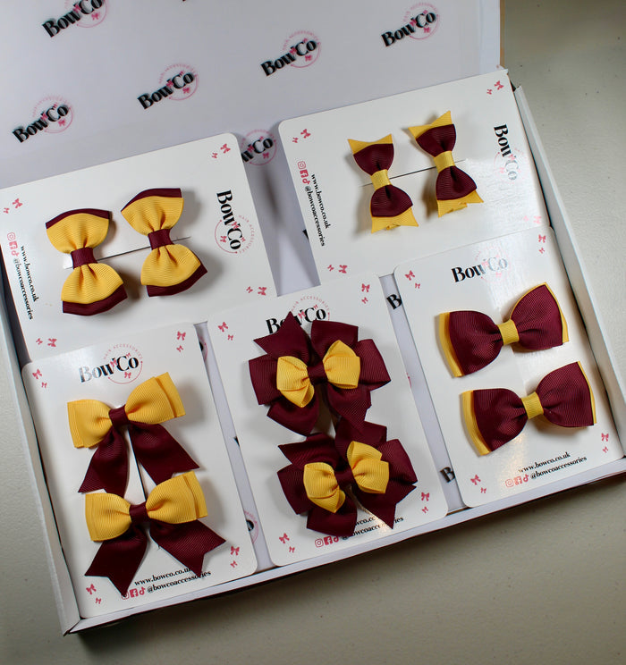 School Bow Bundle Saver - 10 Pack - Burgundy and Yellow Gold - Clip